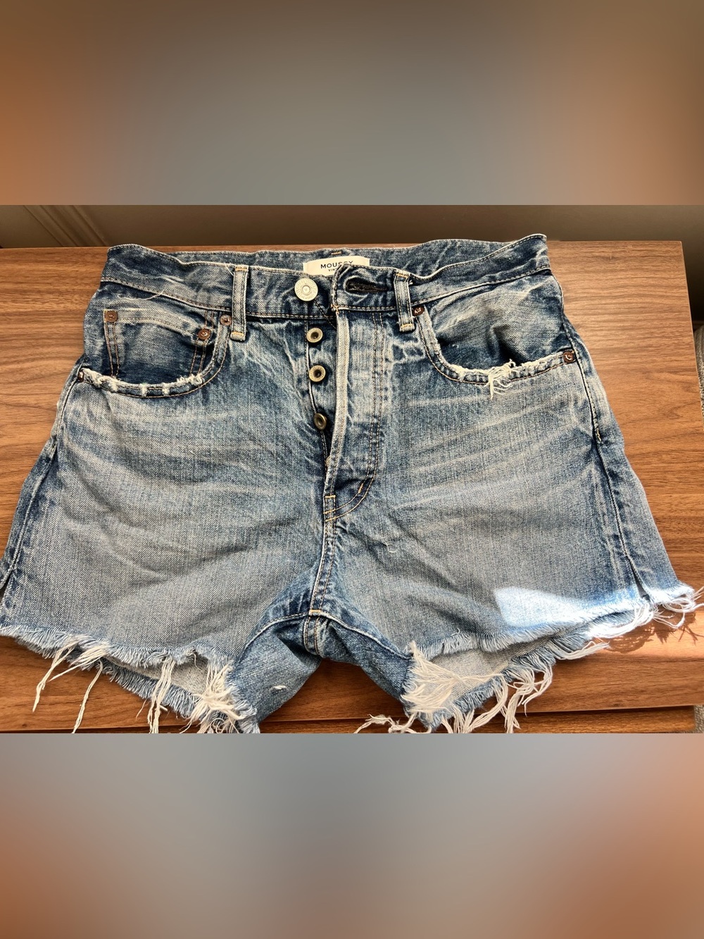 Moussy Vintage Light Blue Denim Shorts with Frayed Hem